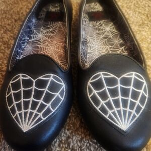 NWOT 9M Strange Cvlt Lydia Black Flats Heart Spider Web Black White Size W9M